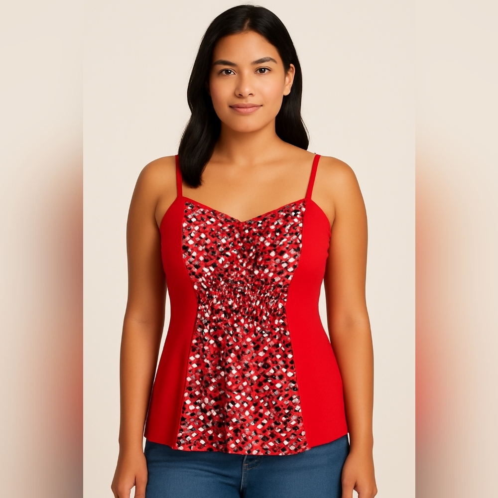 I) My Michelle Red Smocked Tank Top – Size M – Abstract Geometric Print